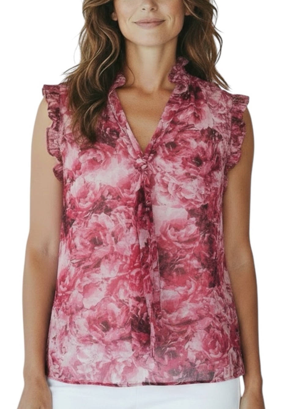 NWT WHITE HOUSE BLACK MARKET Red Floral Sleeveless Tie Ruffle Blouse Size Large